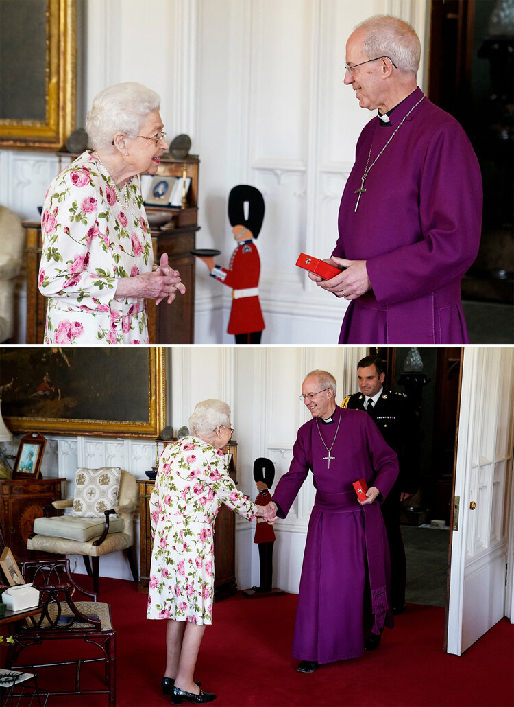 Королева Елизавета II принимает архиепископа Кентерберийского Джастина Уэлби в Виндзорском замке 21 июня 2022 года в Виндзоре, Англия