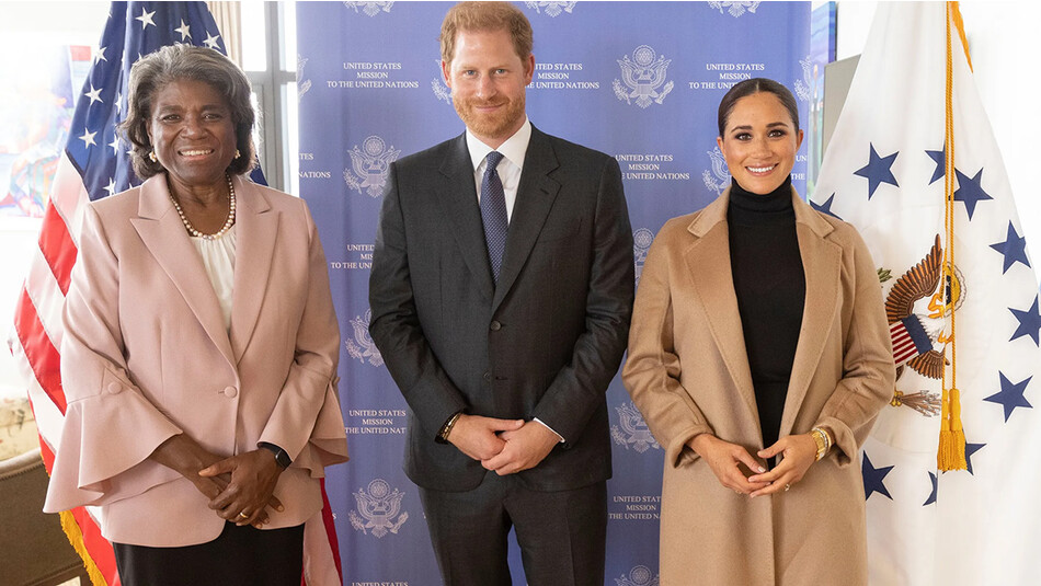 Линда Томас-Гринфилд с герцогом и герцогиней Сассекскими в ООН, 23 сентября 2021 года в Нью-Йорке, США