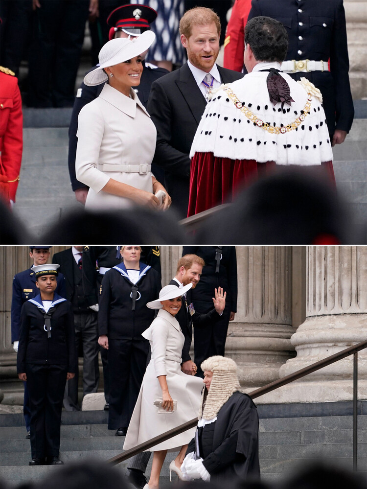 Меган Маркл и принц Гарри прибывают на торжественную церковную службу в соборе Святого Павла взявшись крепко за руки 3 июня 2022 года в Лондоне, Англия