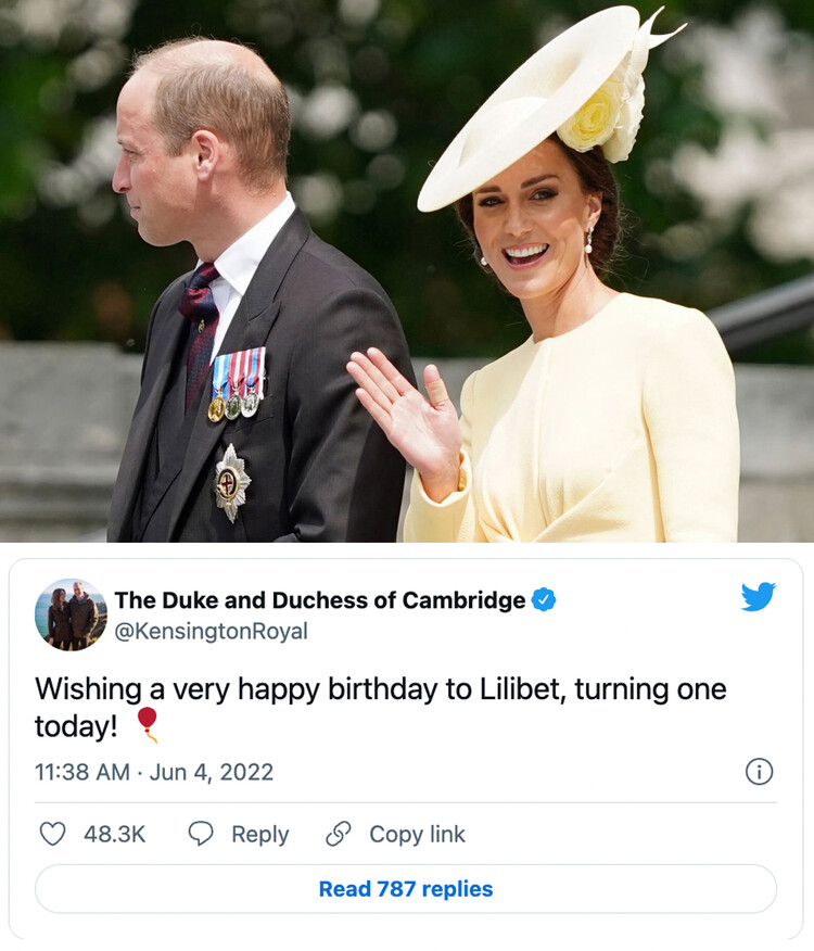 Принц Уильям с Кейт Миддлтон через Twitter поздравили племянницу, дочь принца Гарри и Меган Маркл, Лилибет с днём рождения, 4 июня 2022 года&nbsp;