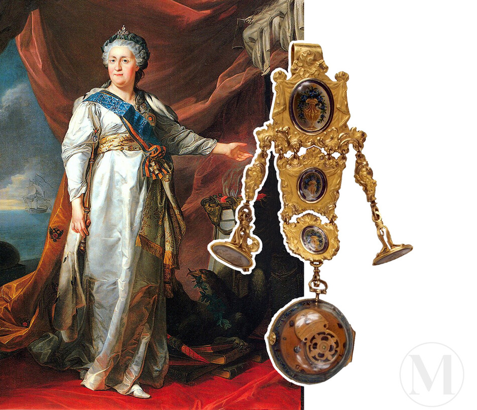 Часы Екатерины II на шатлене золото, стекло, халцедон, эмаль, дерево (механизм) Россия, около 1760 г. Государственный Эрмитаж