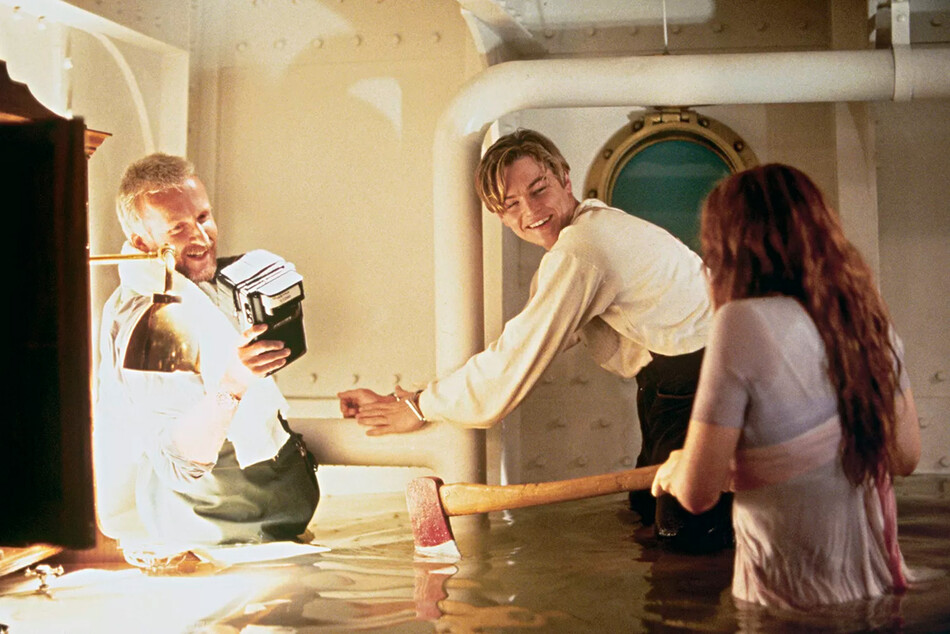 Джеймс Кэмерон, Кейт Уинслет и Леонардо Ди Каприо во время съёмок фильма&nbsp;Титаник