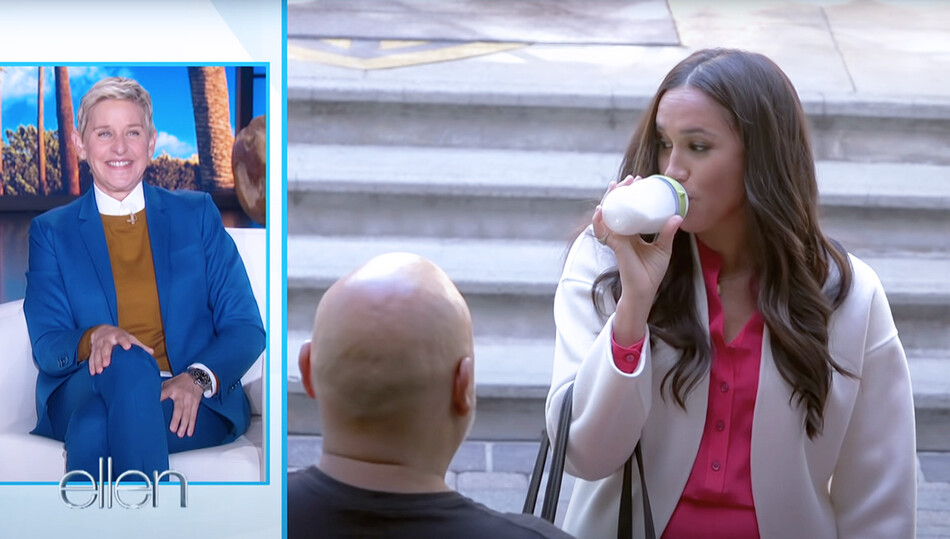 Меган Маркл пьёт молоко из детской бутылочки во время ток-шоу &laquo;Шоу Эллен Дедженерес&raquo;, 2021