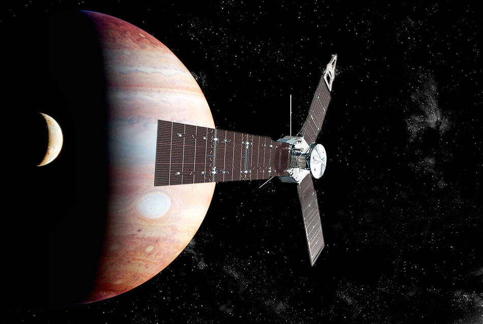Космический корабль NASA &laquo;Юнона&raquo; приближается к Юпитеру и одной из его лун. Juno был запущен 5 августа 2011 года и вышел на орбиту Юпитера 4 июля 2016 года