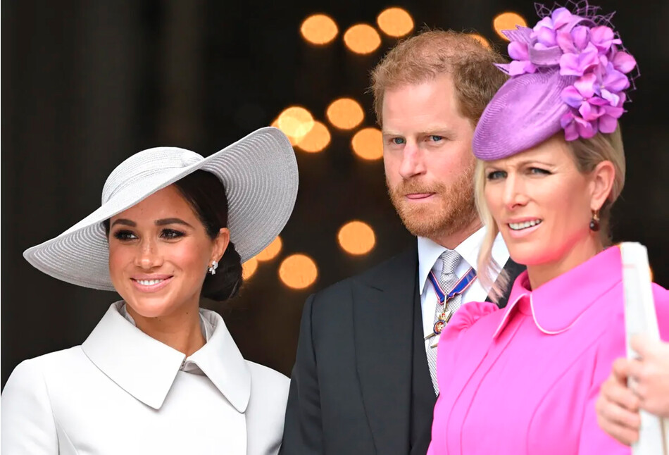 Меган с&nbsp;принцем Гарри и Зарой Тиндалл посещают Национальную службу благодарения в соборе Святого Павла во время Платинового юбилей королевы Елизаветы II 3 июня 2022 года в Лондоне, Англия