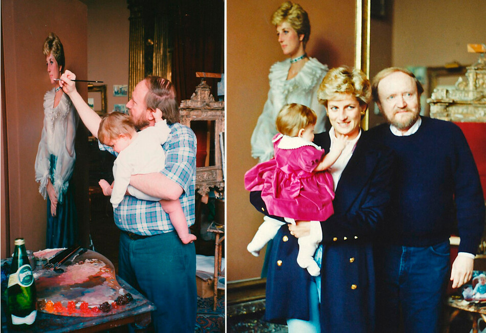 Нельсон Шанкс с принцессой Дианой и дочерью художника Аннализой в мастерской во время работы над портретом леди Ди, 1994