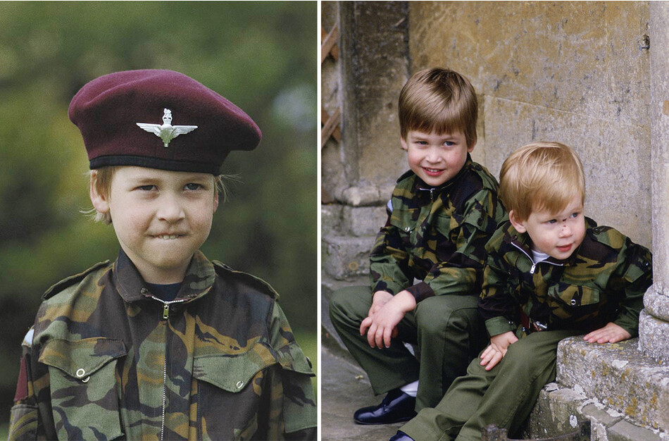 Принц Уильям и принц Гарри в форме парашютного полка британской армии в саду дома Хайгроув в Глостершире, 18 июля 1986 года&nbsp;