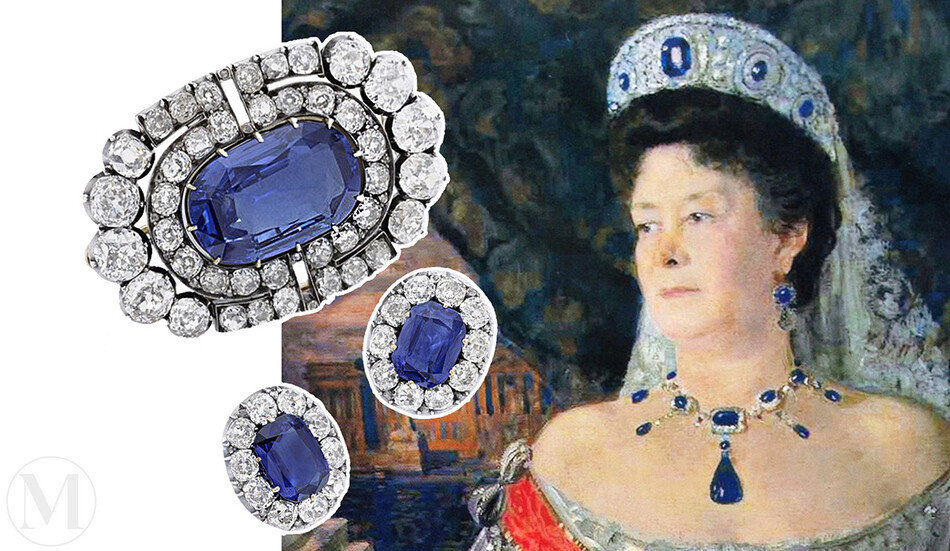 Брошь и серьги великой княгини Марии Павловны с голубыми сапфирами и бриллиантами. Бриллианты дома Романовых, тайно вывезенные из России в 1917, ушли с молотка на аукционе Sotheby's в Женеве