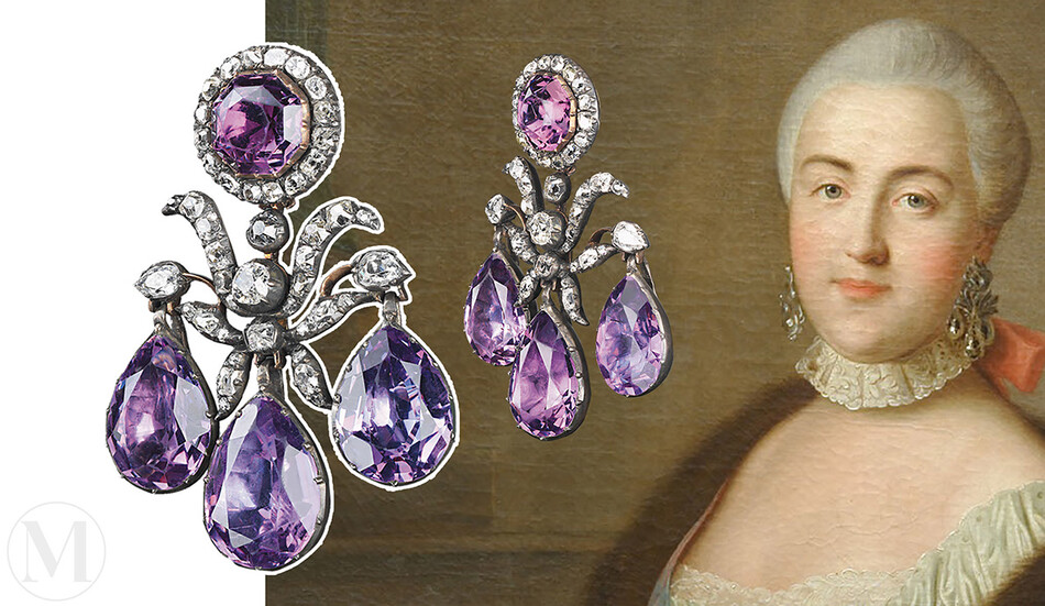 Аметистовые серьги с бриллиантами Екатерины II в форме Жирандоли &ndash; так называли ювелирные украшения в форме подсвечника или люстры
