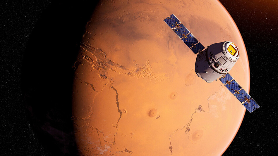 Графическая визуализация спутника на фоне красной планеты Марс
