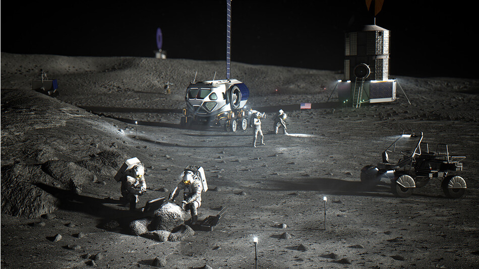 Иллюстрация базового лагеря Артемиды НАСА возле Южного полюса Луны