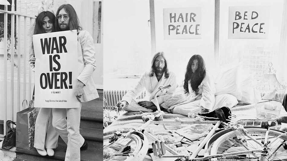 Джон Леннон и его невеста Йоко Оно позируют в президентском люксе амстердамского отеля Hilton, 25 марта 1969 года