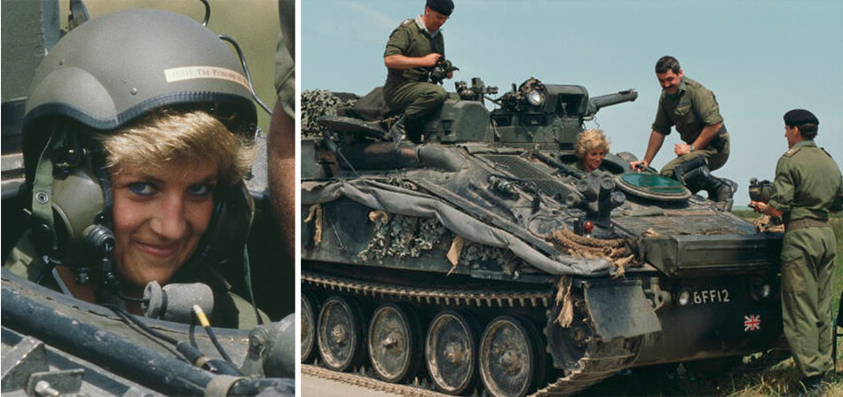 Принцесса Диана за рулём танка во время учений Королевского Хэмпширского полка во время маневров в Тидуорте в Уилтшире, Англия, 23 июня 1988 года