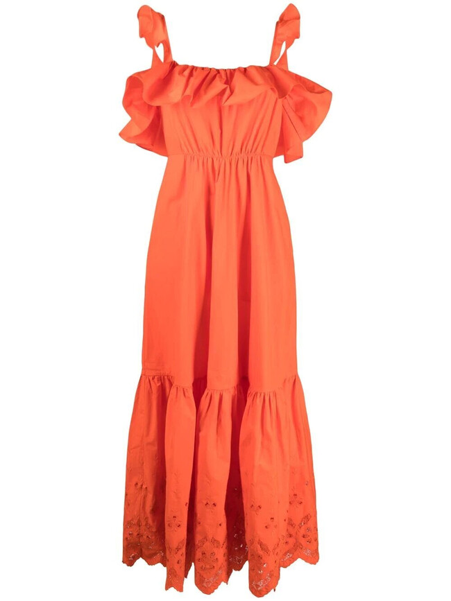 Self-Portrait оранжевое платье с английской вышивкой и оборками