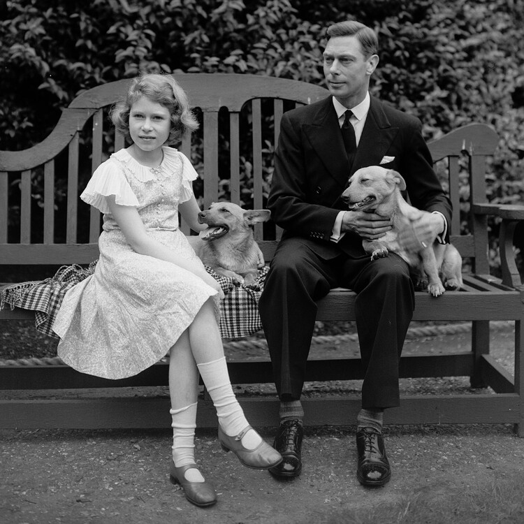 Георг, герцог Йоркский и принцесса Елизавета сидят на скамейке со своими собаками корги на территории своего лондонского дома по адресу Пикадилли, 145 в Лондоне, июль 1936 года