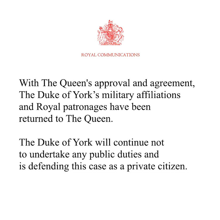 Королева Елизавета II лишает принца Эндрю, герцога Йоркского воинских званий и патронажа, 13 января 2021