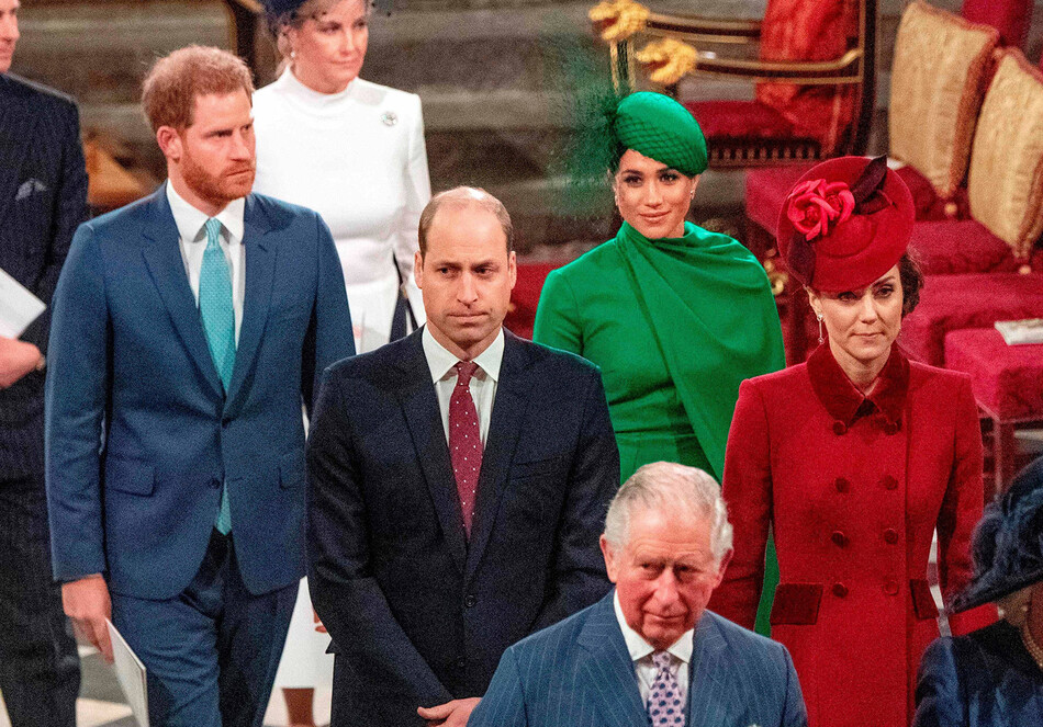 Принц Гарри и Меган Маркл с принцем Уильямом и Кейт Миддлтон в сопровождении принца Чарльза и Графини Софи покидают Вестминстерское аббатство 9 марта 2020 года, Лондон