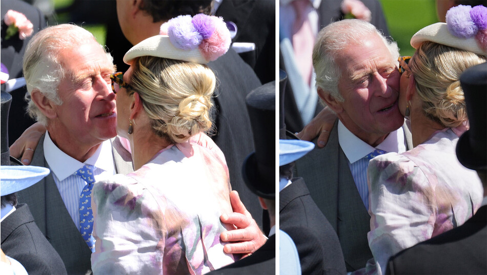 Зара Тиндалл целует принца Чарльза, принца Уэльского, в первый день королевских скачек ипподроме Аскот 14 июня 2022 года в Аскот, Англия