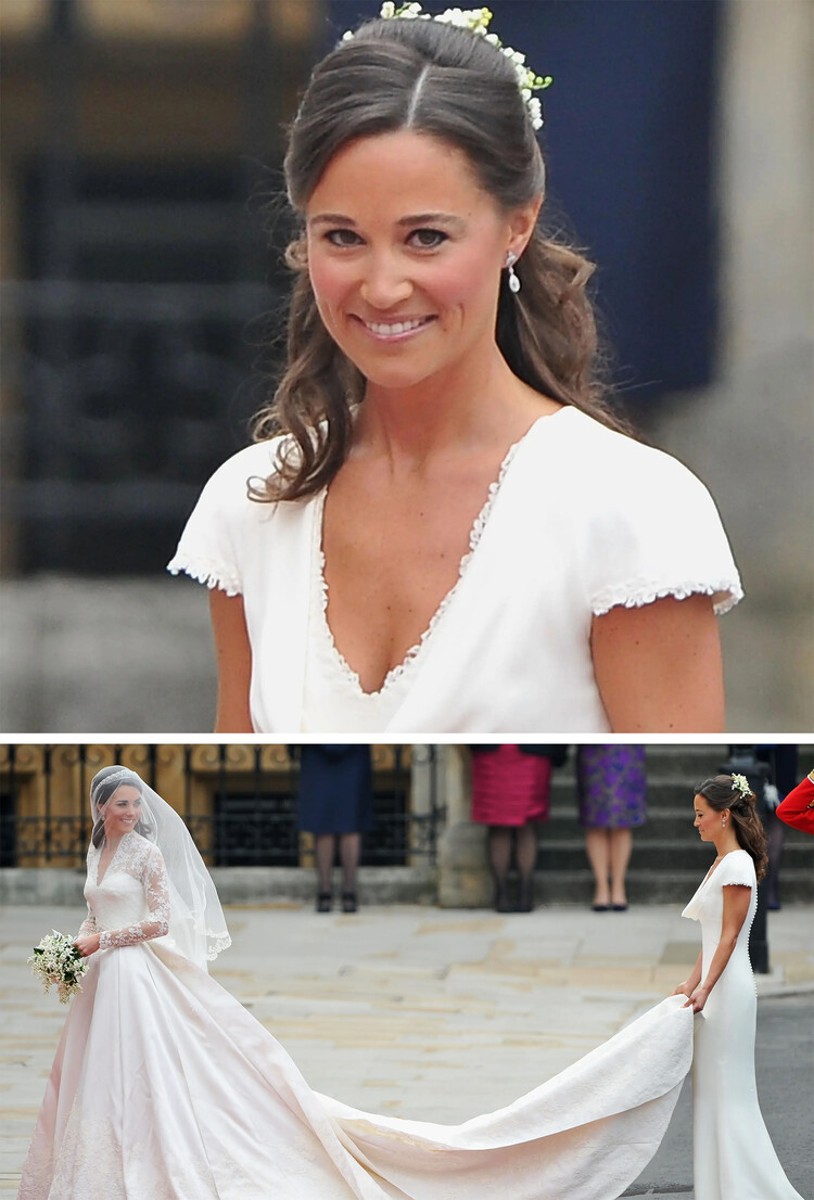 Кэтрин Миддлтон и подружка невесты Пиппа Миддлтон держит платье в день королевской свадьбы с принца Уильяма в Вестминстерском аббатстве 29 апреля 2011 года. в Лондоне, Англия