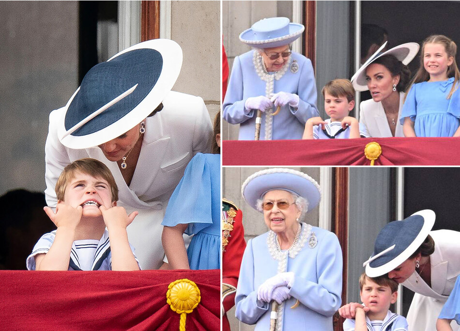 Герцогиня Кембриджская Кейт и королева Елизавета II успокаивают принца Луи из-за внезапного приступа паники во время прохождения истребителей королевских ВВС над Букингемским дворцом во время парада Trooping the Colour 2 июня 2022 года в Лондоне, Англия