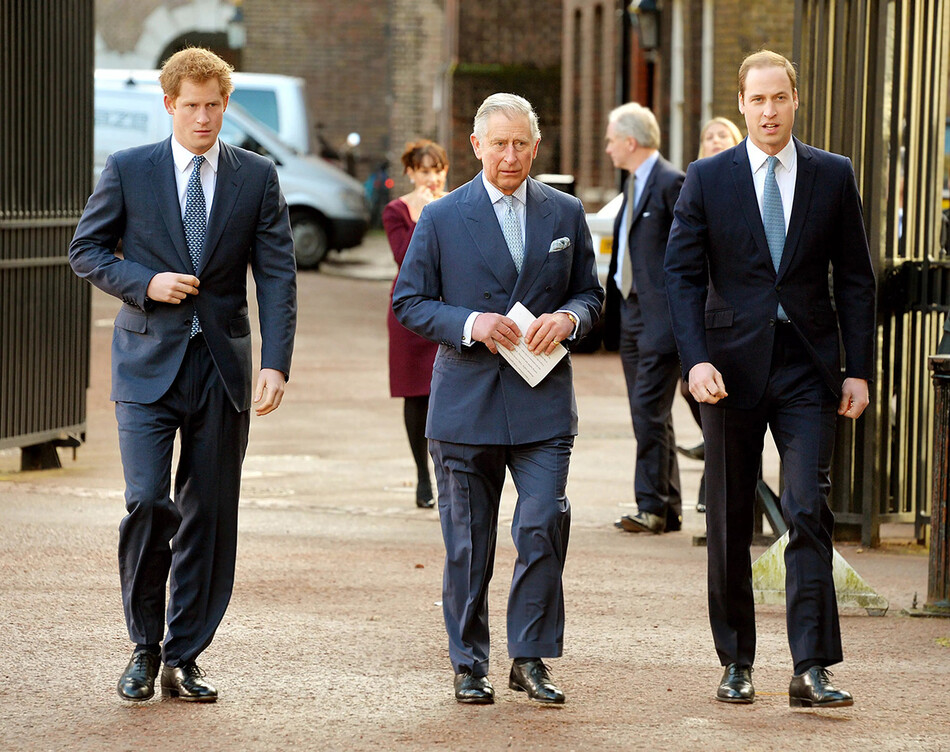 Принц Гарри, принц Чарльз, принц Уэльский и принц Уильям, герцог Кембриджский, прибывают на конференцию по незаконной торговле дикими животными в Ланкастер-хаус 13 февраля 2014 года в Лондоне, Англия