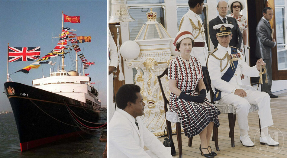 Королева Елизавета II и принц Филипп наблюдают за развлечениями на борту королевской яхты &laquo;Британия&raquo; по прибытии на Фиджи во время королевского тура, 16 февраля 1977 
