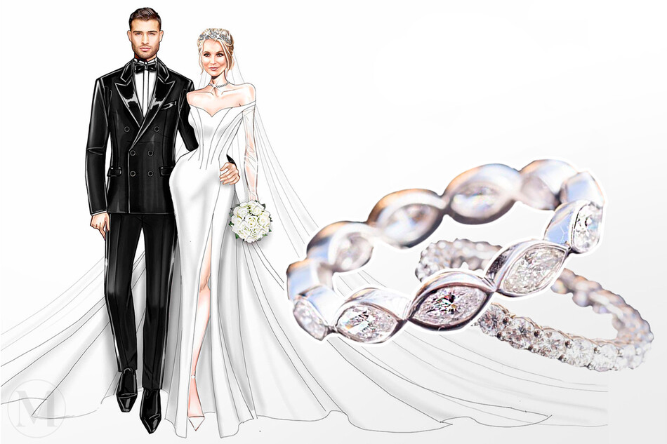 Эскиз свадебного платья Бритни Спирс от Versace с обручальными кольцами от дизайнеров Романа Малаева и Стефани Готлиба