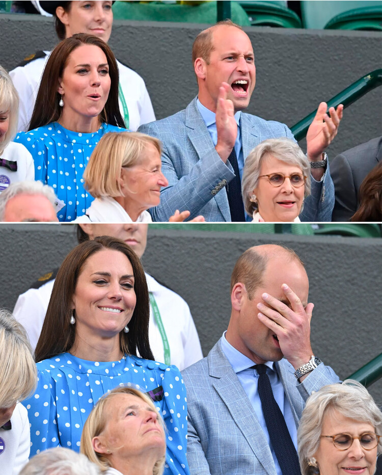 Герцог и герцогиня Кембриджские испытывают всю палитру эмоций болея за своих фаворитов во время теннисного соревнования среди мужчин на стадионе Уимблдона 5 июля 2022 года в Лондоне, Англия