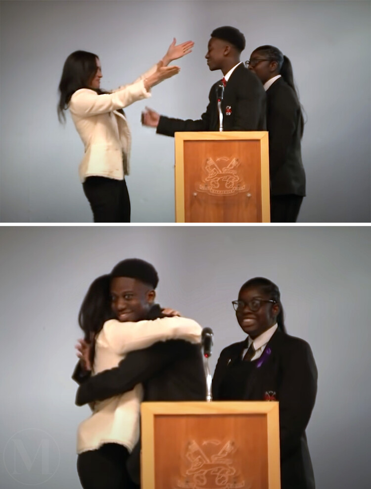 Меган Маркл обнимает подростка после того, как он закончил свою праздничную речь в честь Международного женского дня