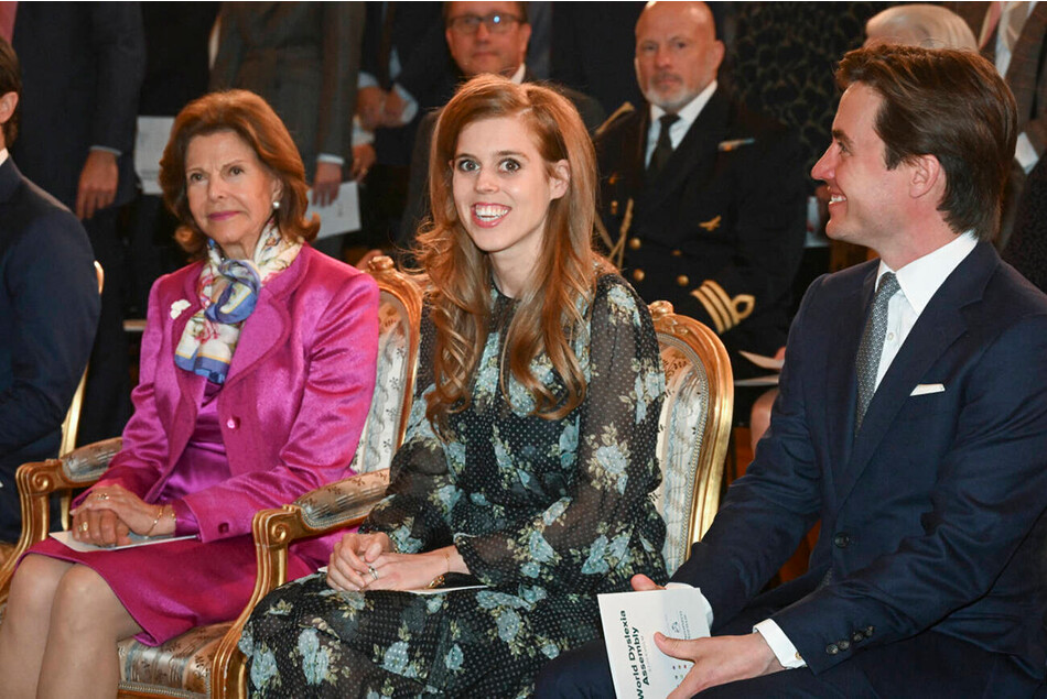 Королева Швеции Сильвия с принцессой Беатрис и её мужем Эдоардо Мапелли Моцци во время открытия Всемирной ассамблеи дислексии в Швейцарии, в 2022 году