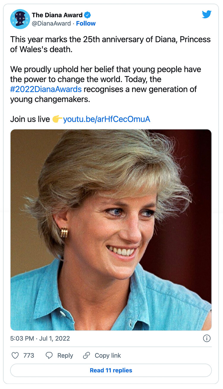 Анонс премии Diana Awards в социальной сети Twitter, 2 июля 2022 года