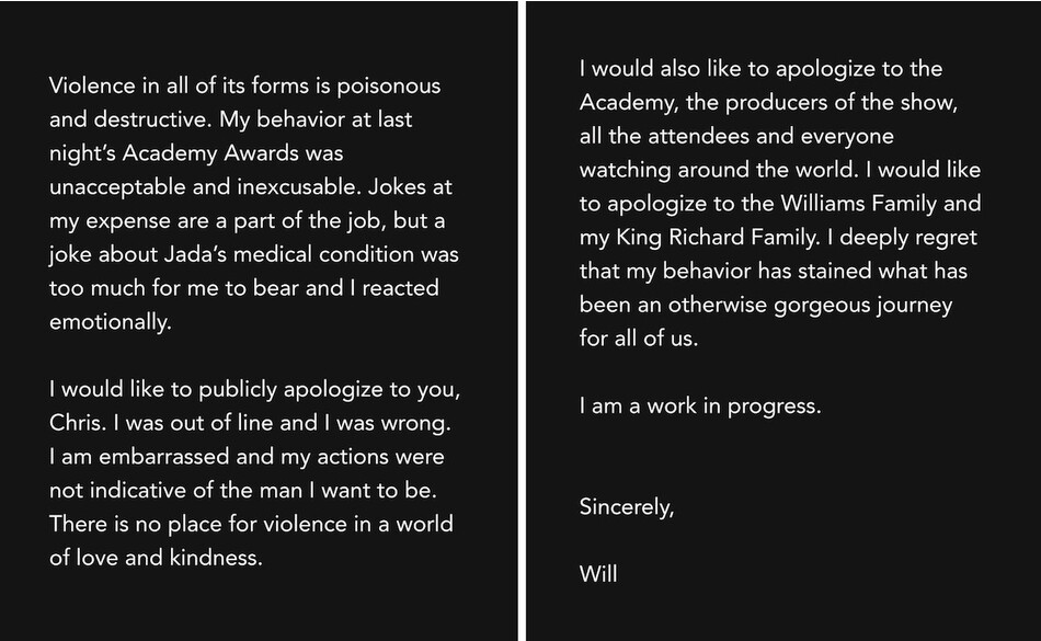 Пост Уилла Смита с извинениями