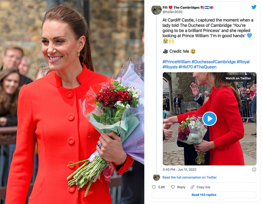 Пост в Twitter с реакцией Кейт Миддлтон на вопрос поклонника королевской семьи о будущем титуле принцессы Уэльской, 2022