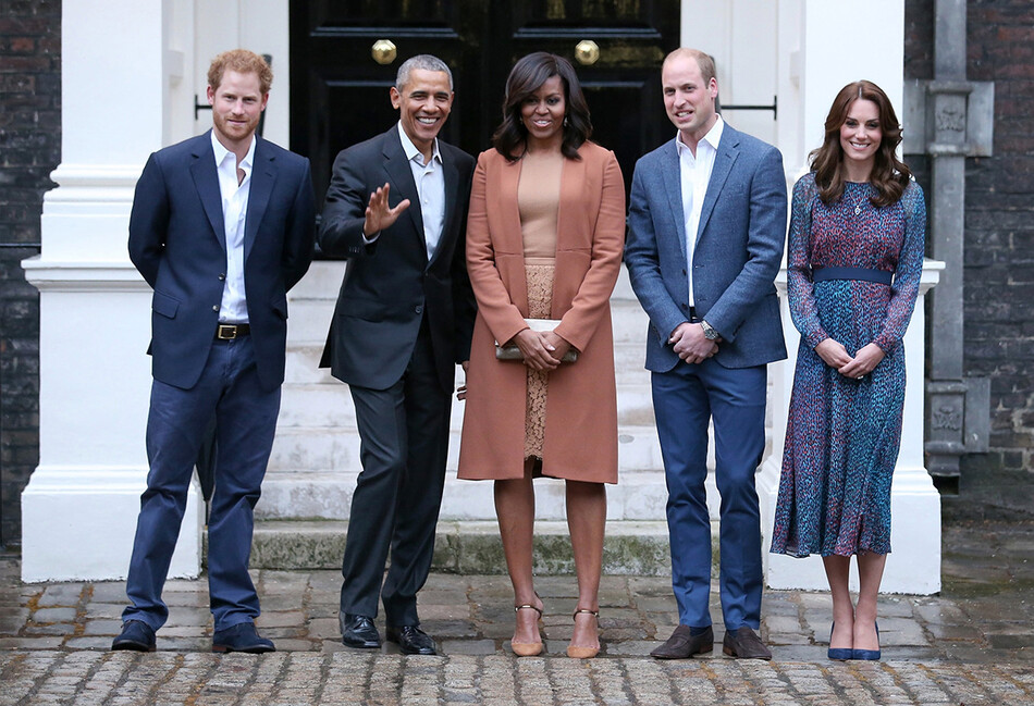Принц Гарри,Барак Обама, Мишель Обама, принц Уильям и Кейт Миддлтон в Кенсингтонском дворце