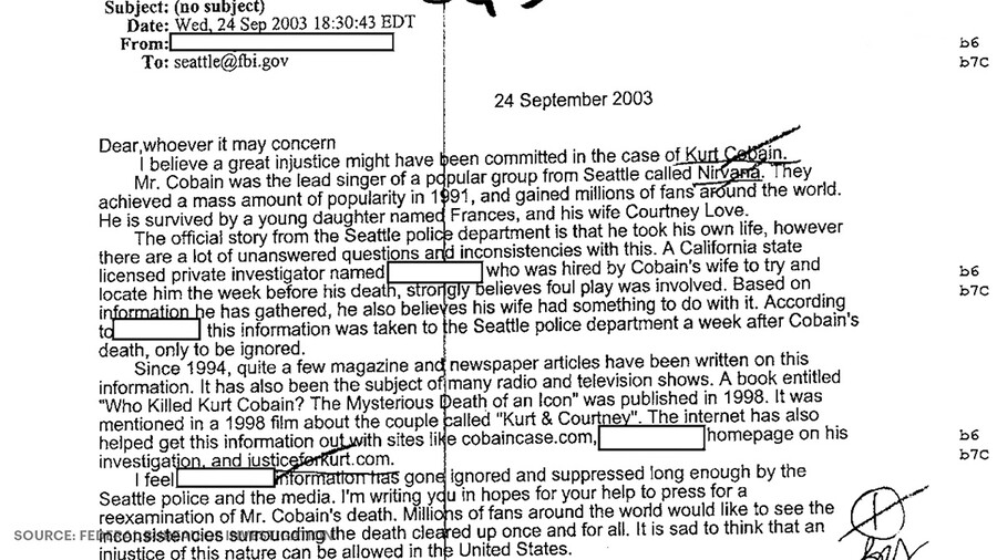 ФБР рассекреченный документ отчёт о смерти певца Курта Кобейна