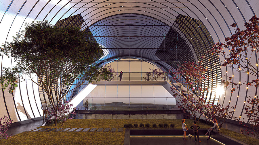 Концепт внутреннего паркового пространства с видом на марсианскую долину от ABIBOO studio