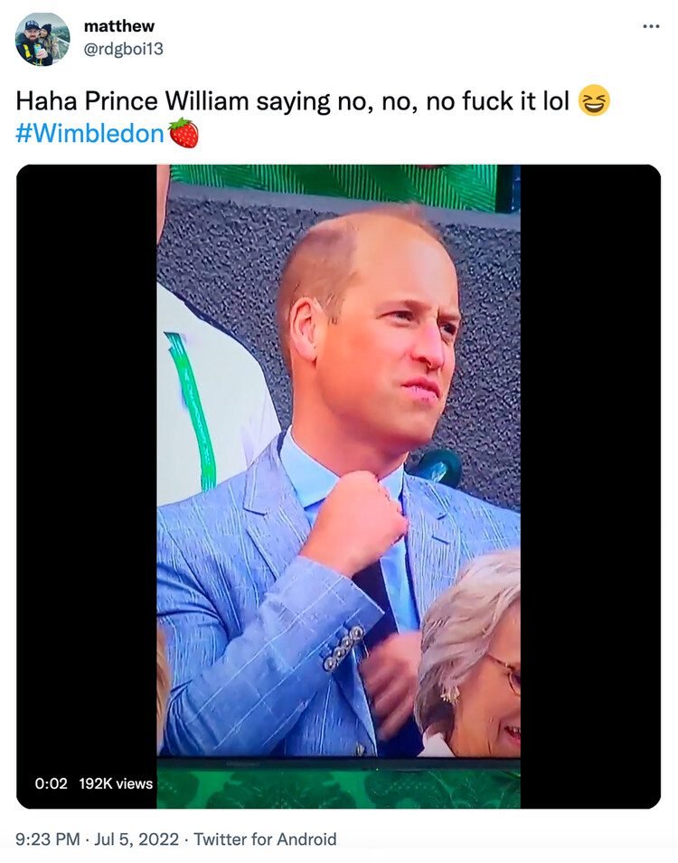 Принц Уильям использует ненормативную лексику при проигрыше своего фаворита во время четвертьфинального матча серди мужчин на Чемпионате мира по теннису в Лондоне 5 июля 2022 года, Великобритания