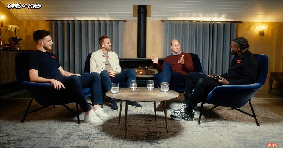 Деклан Райс, Гарри Кейн и принц Уильям c Келвином Куагрейном рассказывают о психическом здоровье во время съёмок фильма Game of 5s, 7 ноября 2022 г.