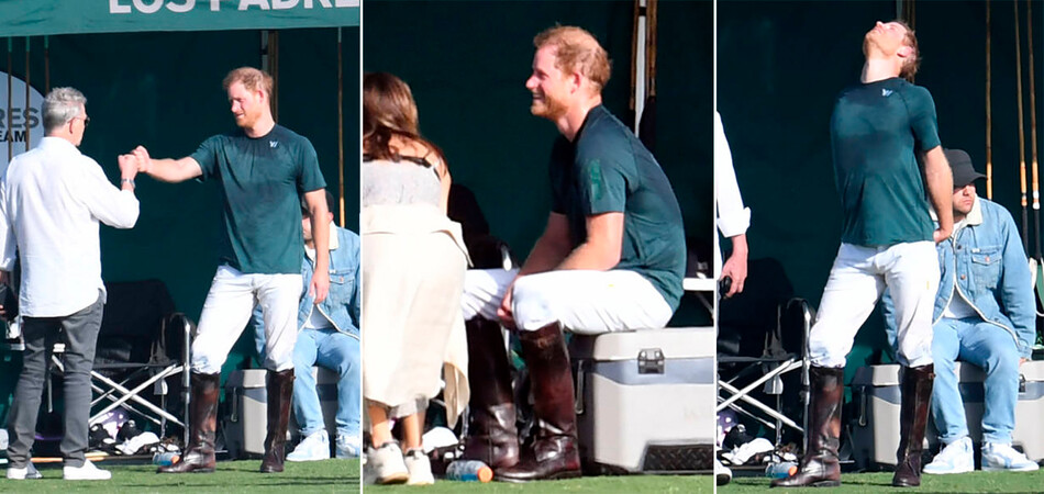 Принц Гарри, герцог Сассекский беседует с друзьями актрисой Кэтрин Макфи и её мужем Дэвидом Фостером после игры поло в загородном клубе Cancha de Estrella 10 июня 2022 года в Карпинтерии, Калифорния, США