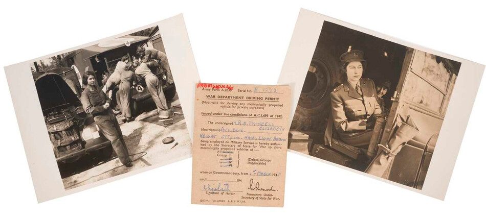 Лот 76: архивные фото и газетные вырезки принцессы Елизаветы во время прохождения обучения на механика ATS в учебном центре на юге Англии, апрель 1945 года