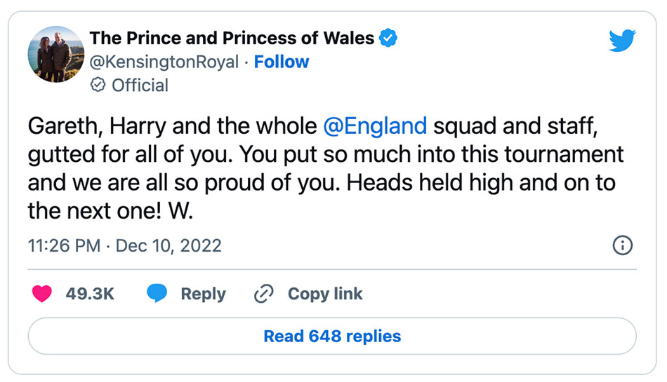 Обращение Уильяма, принца Уэльского после того, как команда сборной Англии &laquo;Три льва&raquo; вылетела с чемпионата мира на стадии 1/4 финала, проиграв Франции со счётом 1:2