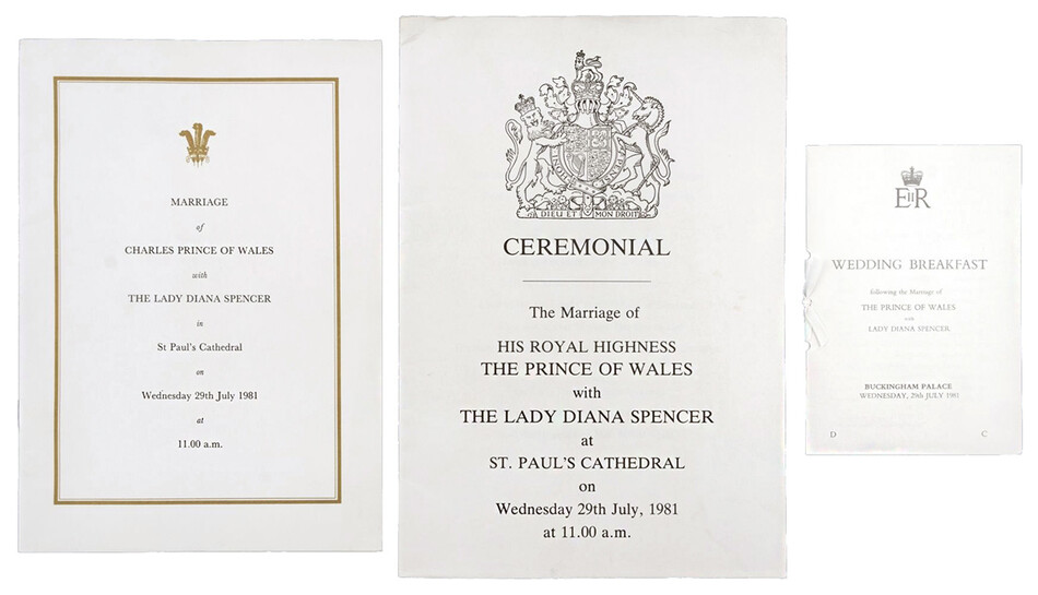 Программка с церемонии бракосочетания леди Дианы Спенсер и принца Уэльского из собора Святого Павла с меню свадебного бранча 