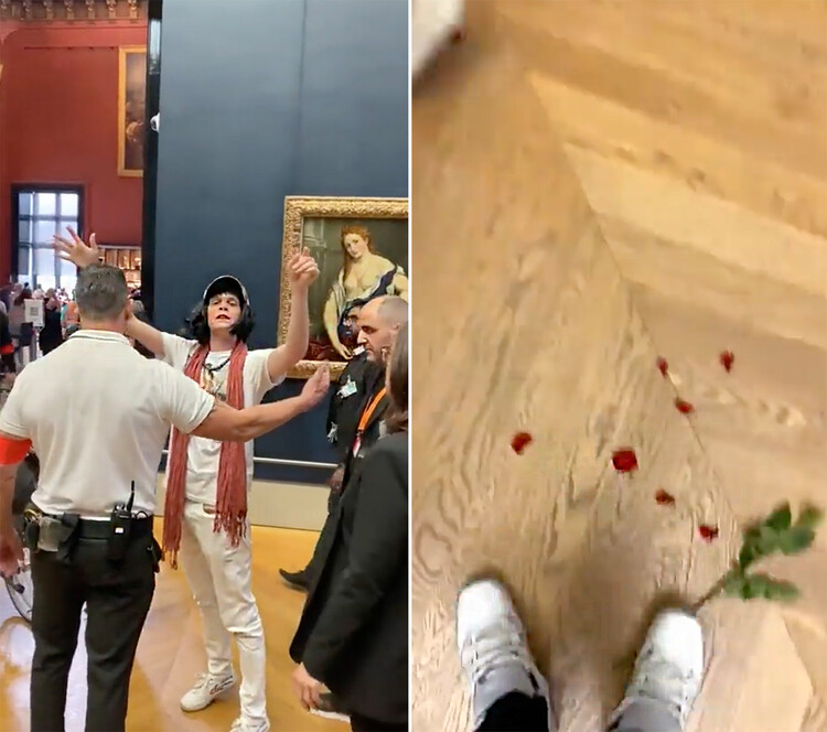 Злоумышленник разбросал лепестки роз, после нападения на картину Леонардо да Винчи, Мону Лизу в музее Лувра в Париже, 30 мая 2022 году, Франция