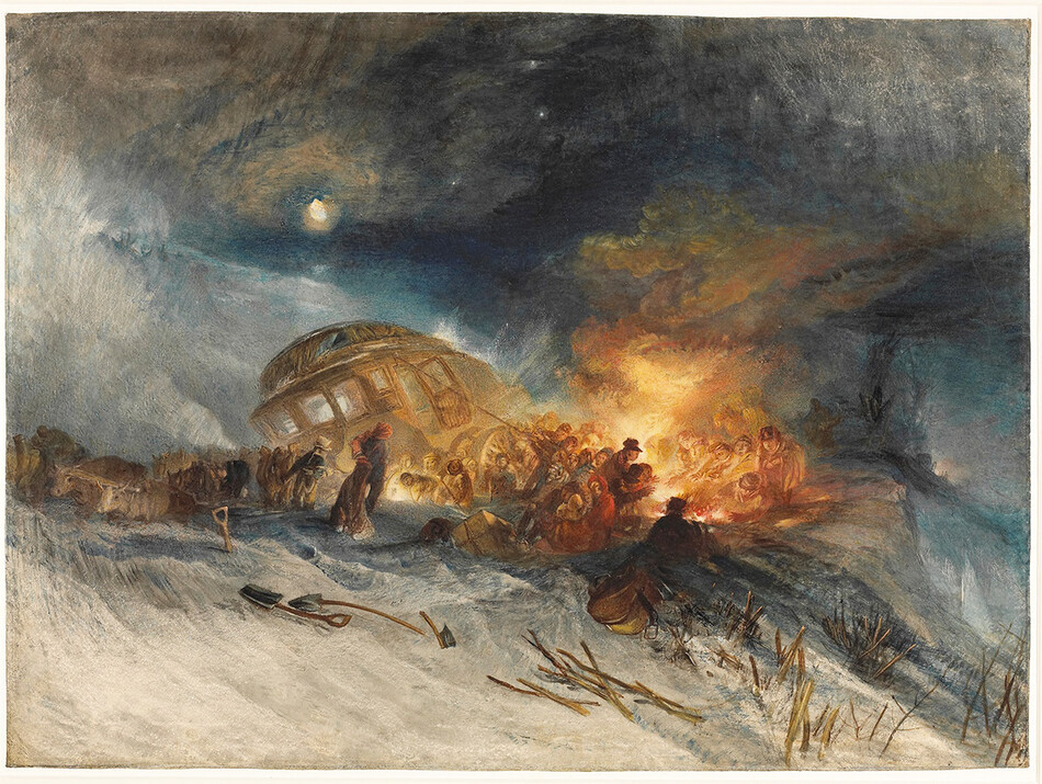 Дж. М. У. Тернер, &laquo;Господа путешественники, возвращающиеся из Италии (par la diligence) в снежном сугробе на горе Таррар&raquo;, 22 января 1829 года, акварель