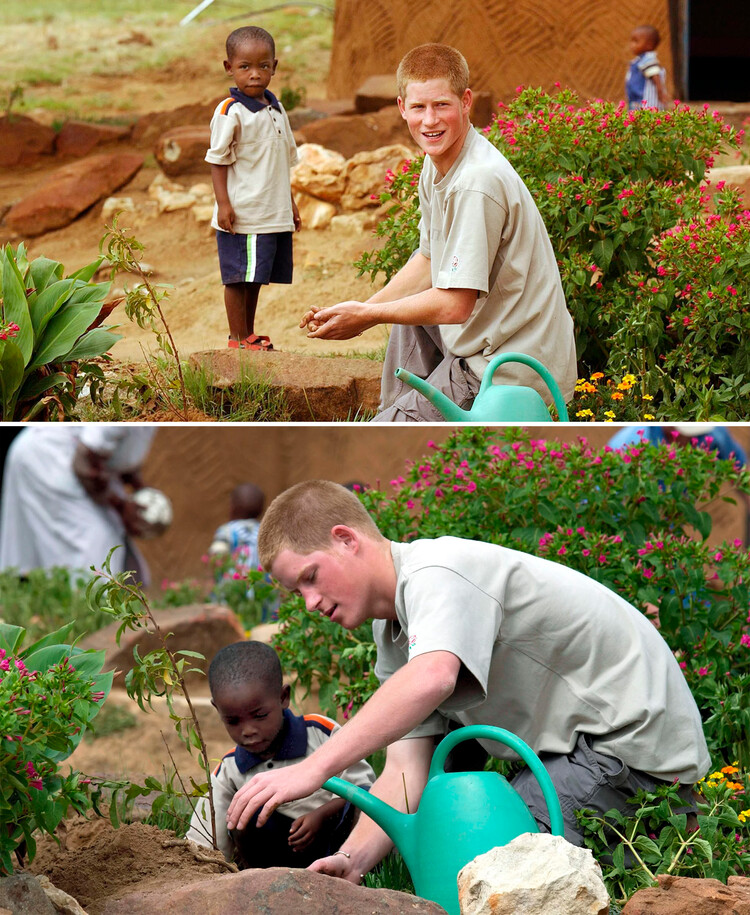 Принц Гарри сажает персиковое дерево c 4-летним Муцу Потсансе в саду детского дома для детей сирот Mants'ase в Лесото 4 марта 2004 года, Африка