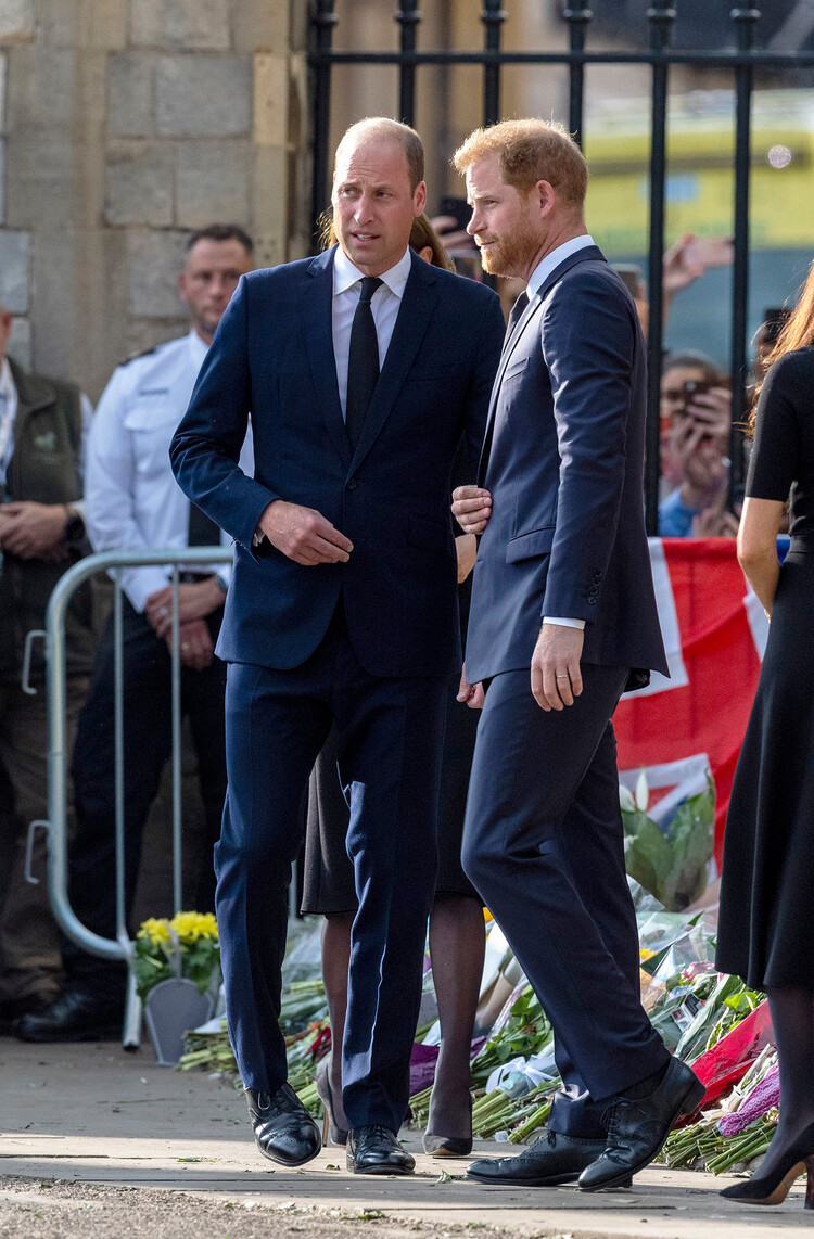 Уильям, принц Уэльский общается с принцем Гарри, герцогом Сассекским во время осмотра цветов, возложенных у ворот Виндзорского замка поданными королевства в память о королеве Елизавете II 10 сентября 2022 года в Виндзоре, Англия
