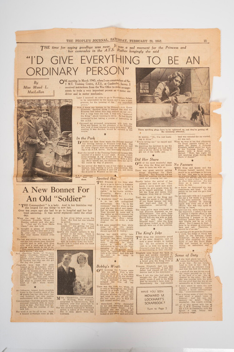 Лот 76: Газетная вырезка со статьёй о прохождении принцессой Елизаветой обучения на механика ATS в учебном центре на юге Англии, апрель 1945 года