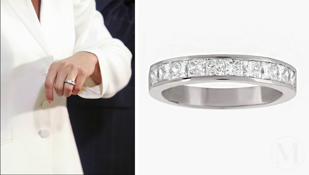Обручальное кольцо принцессы Летиции Ортис из 18-каратного белого золота, дополненное 16-ю вертикальными бриллиантами багетной огранки от ювелирного бренада Suarez