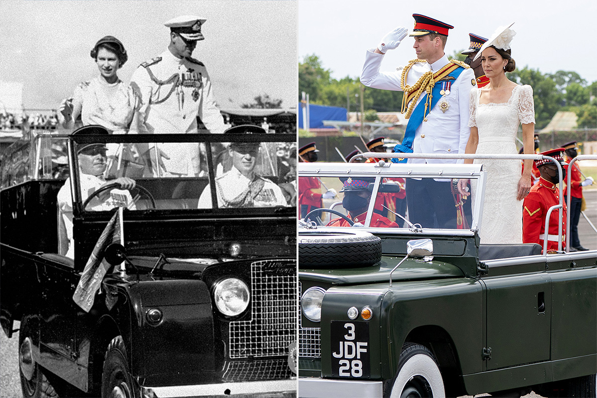 Королева Елизавета II и принц Филипп на Ямайке в 1953 году (слева) и принц Уильям и Кейт Миддлтон на Ямайке 24 марта 2022 года